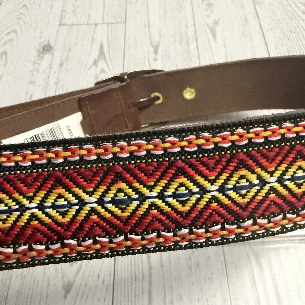 New LUCKY BRAND Embroidered Boho Brown Yellow Black Leather Belt Brass Buckle 32